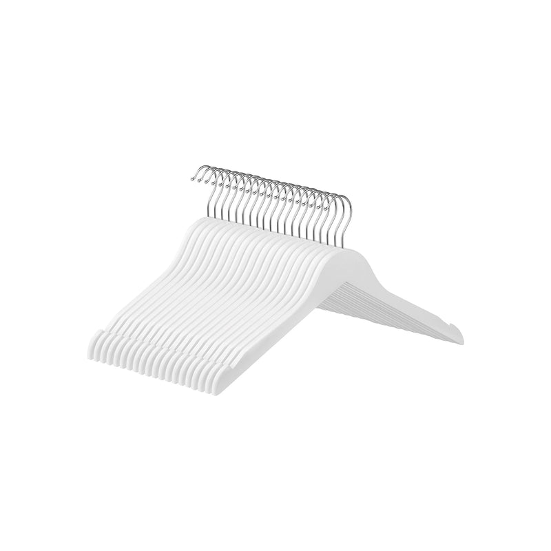 Angled view of the stacked white wooden hangers showing the curved shoulders