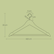 Dimensions diagram showing the hanger at 44.5 x 23 cm with hook measurements