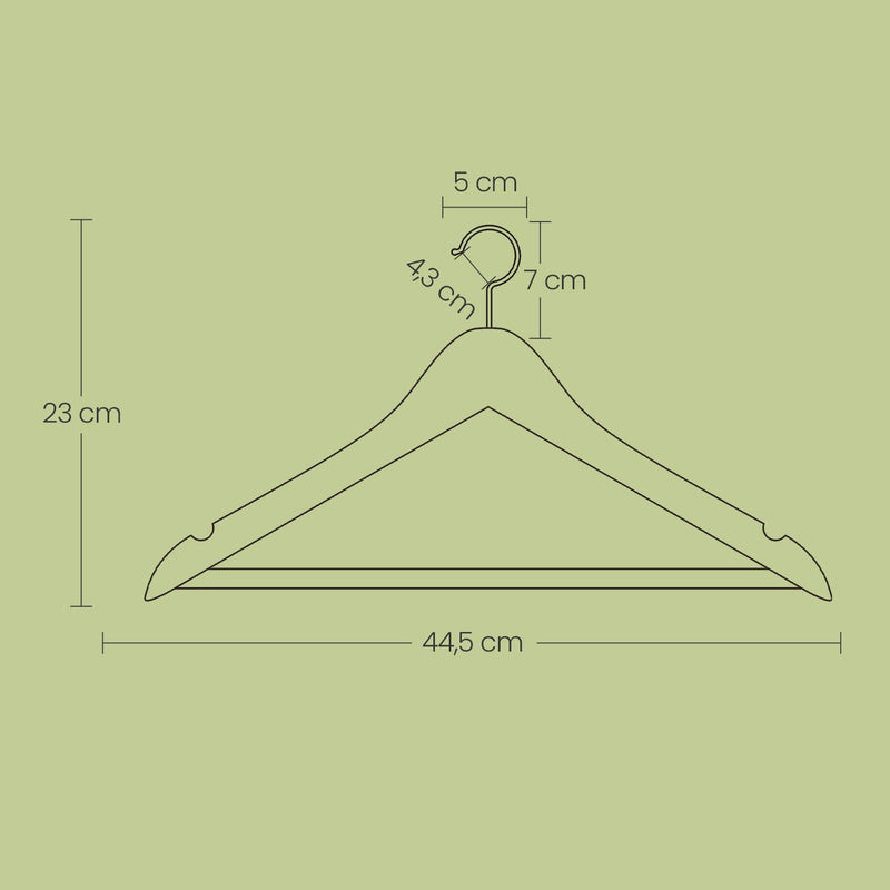 Dimensions diagram showing the hanger at 44.5 x 23 cm with hook measurements