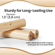 Close-up of two bare rubberwood poles labelled 3.8 cm diameter, with a note about 3 layers of lacquer