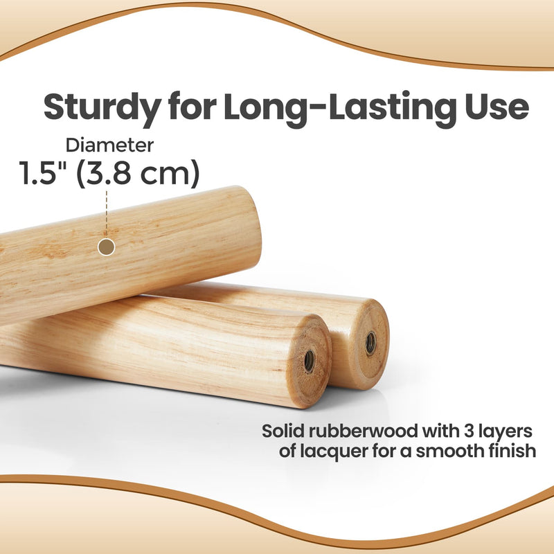 Close-up of two bare rubberwood poles labelled 3.8 cm diameter, with a note about 3 layers of lacquer