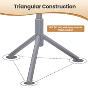 Close-up of the grey three-legged base with a dashed triangle marking the 47 cm wide footprint