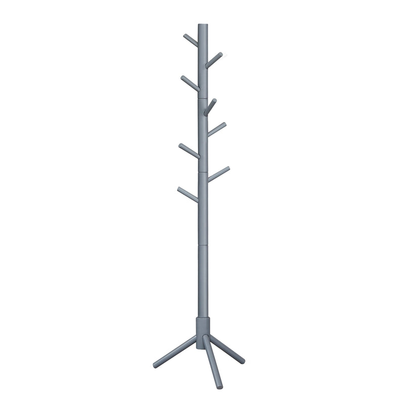 Grey solid wood Vasagle coat rack with 8 hooks and a triangular tripod base