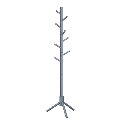 Grey solid wood Vasagle coat rack with 8 hooks and a triangular tripod base