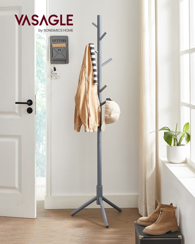 Close-up of the coat rack's triangular base and adjustable sections