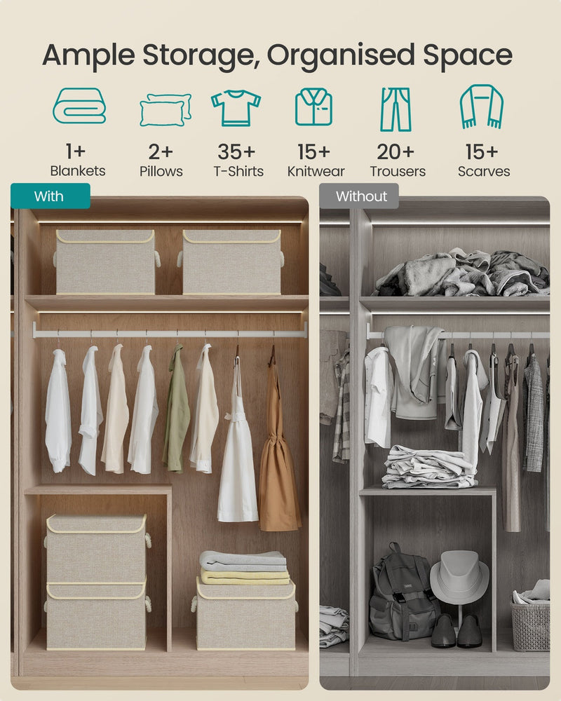 Infographic comparing a wardrobe with and without the storage boxes