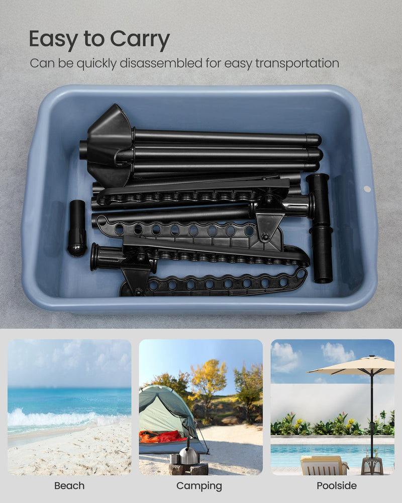 Disassembled airer parts packed into a storage tub for easy carrying