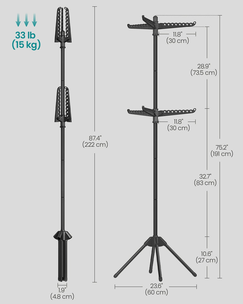 Dimension diagram of the airer, 60 x 60 x 191 cm in use, folds to 4.8 x 4.8 x 222 cm