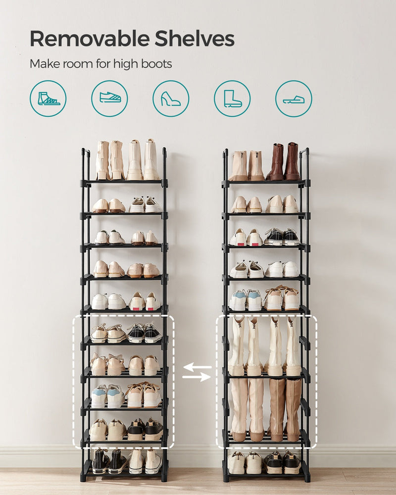 Diagram showing removable shelves on the shoe rack to fit taller boots