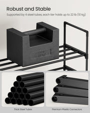 Robust and stable feature showing steel tubes holding 10 kg per tier