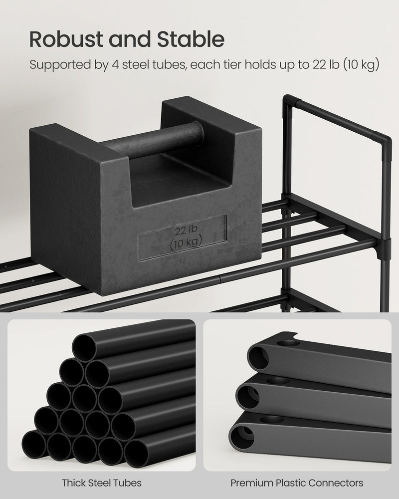 Robust and stable feature showing steel tubes holding 10 kg per tier