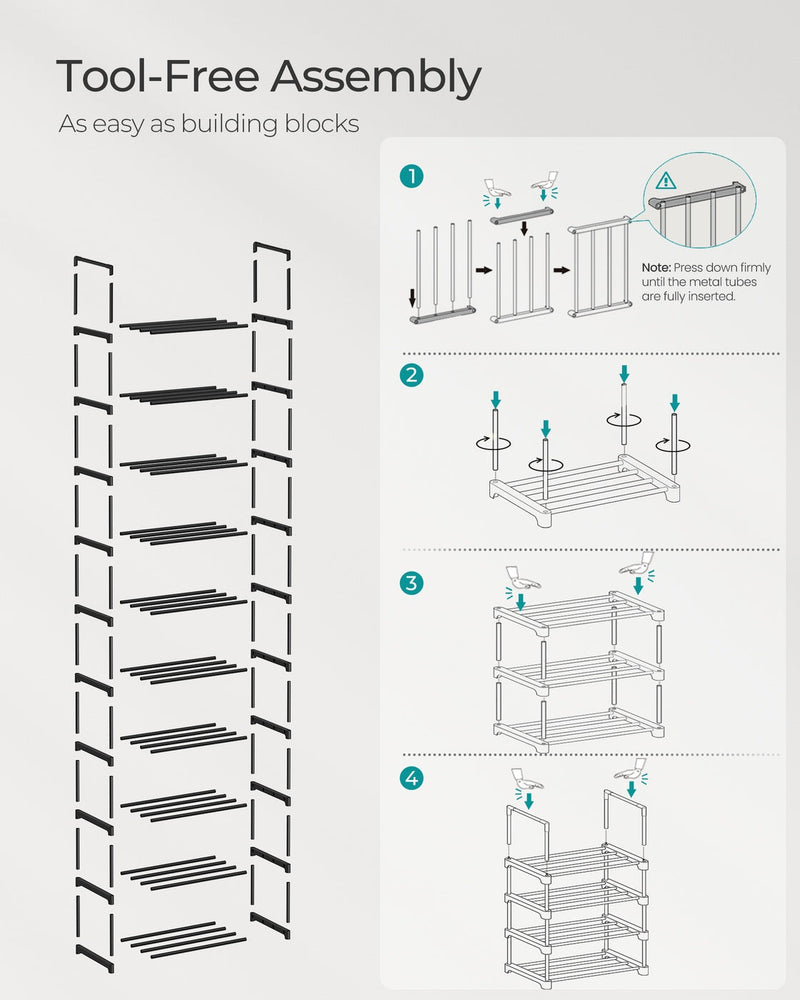 Tool-free assembly diagram for the 10-tier shoe rack