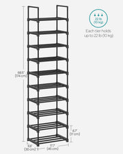Dimension diagram of the shoe rack, 30 x 45 x 174 cm, 17 cm tier spacing