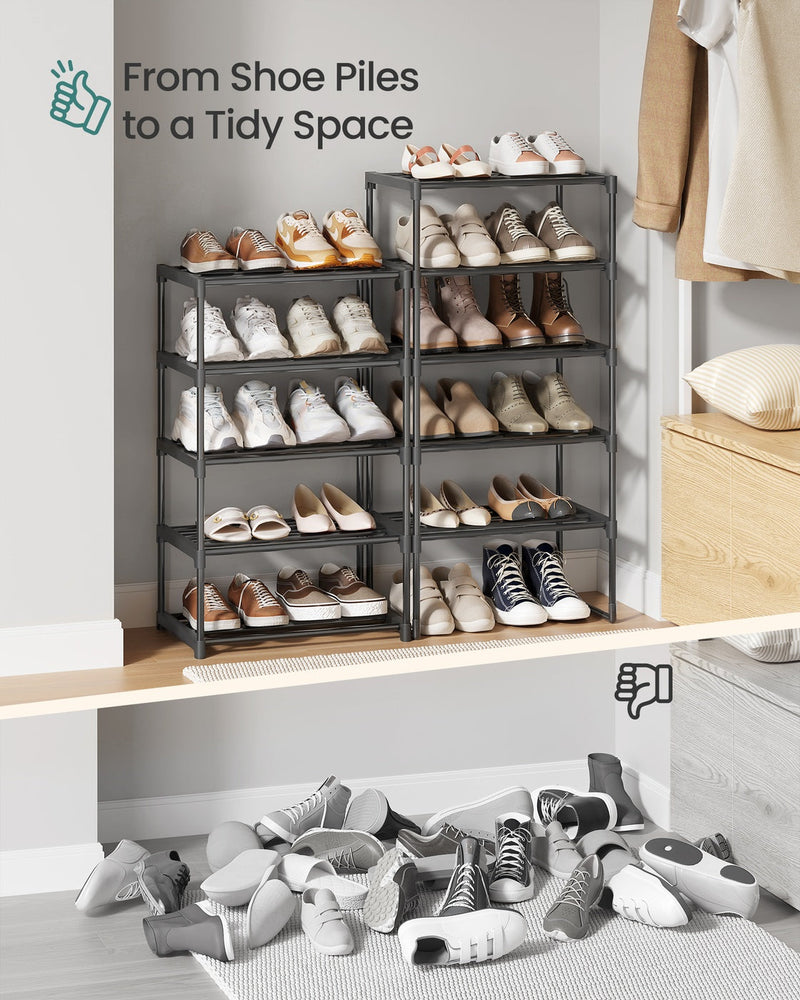 Before and after comparison from a pile of shoes to a tidy shoe rack