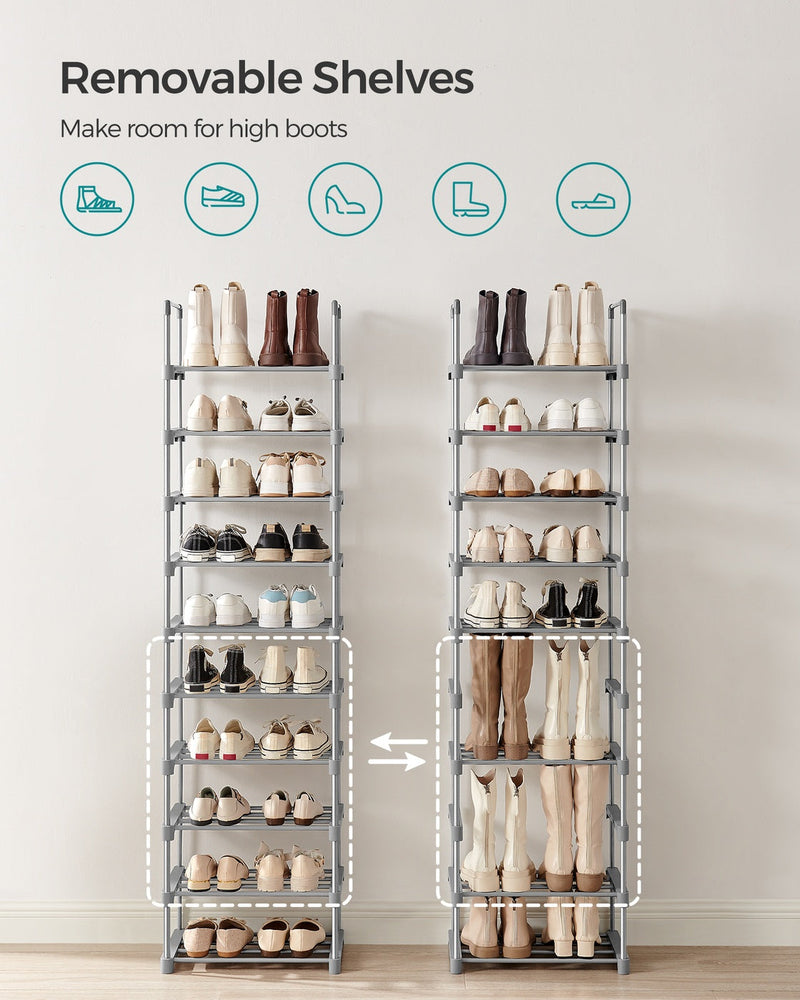 Diagram showing removable shelves on the shoe rack to fit taller boots
