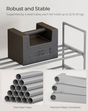 Robust and stable feature showing steel tubes holding 5 kg per tier