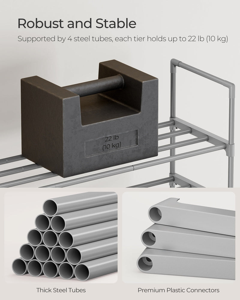 Robust and stable feature showing steel tubes holding 5 kg per tier