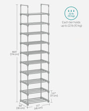 Dimension diagram of the shoe rack, 30 x 45 x 174 cm, 17 cm tier spacing