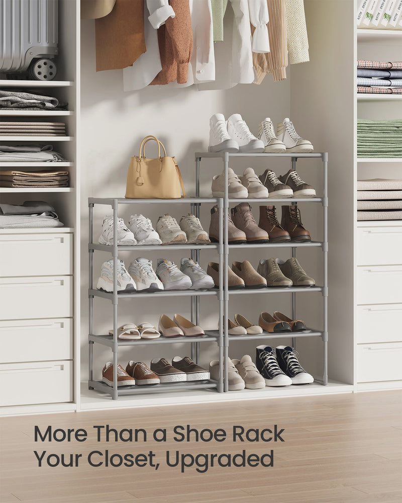 Two grey shoe racks styled in a walk-in closet full of shoes