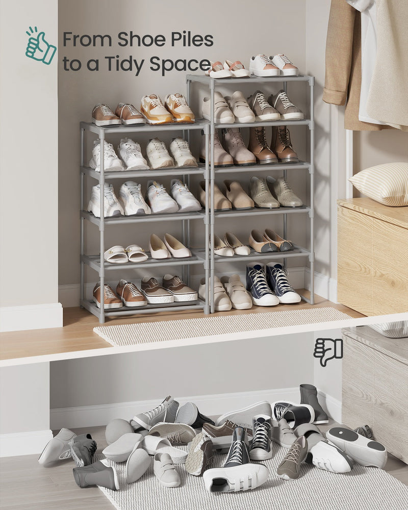 Before and after comparison from a pile of shoes to a tidy shoe rack