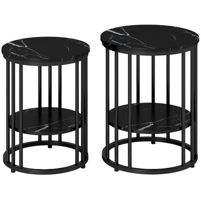 Round Coffee Tables for Living Room Set of 2 - Black Marble Effect Tops Homcom