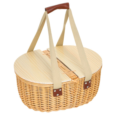 Wicker Picnic Basket for 2 with Cooler Compartment and Wooden Lid for Outdoor Use Light Brown AOSOM