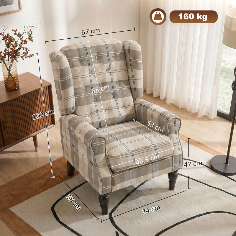 Accent Chair with High Back and Deep Padding for Relaxing in Living Room or Bedroom Khaki Plaid