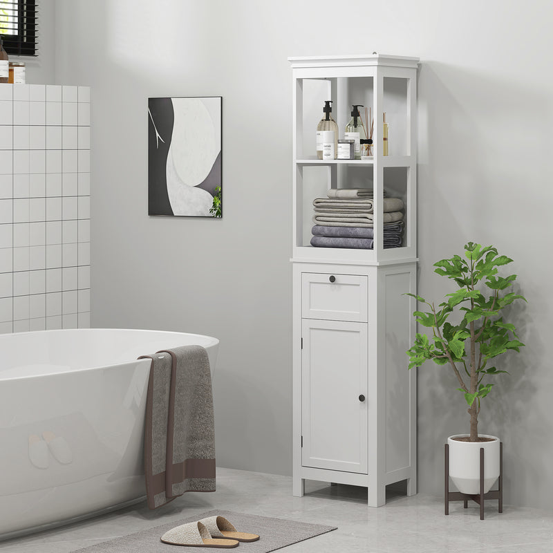 Tall Slim Bathroom Storage Cabinet with Shelves Drawer and Soft Close Door in White by HOMCOM
