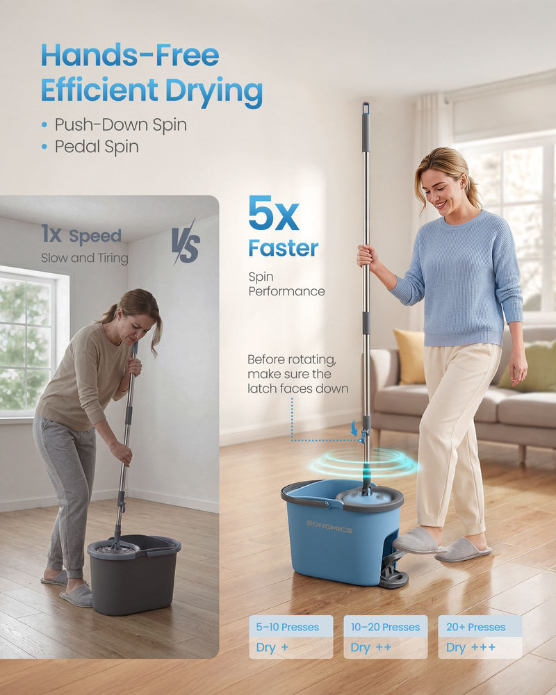 Hands-free pedal spin drying comparison with the grey and blue mop bucket
