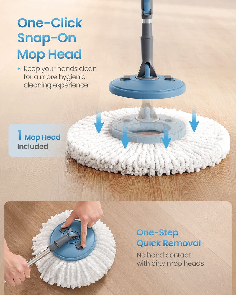One-click snap-on mop head being fitted and removed on the grey and blue spin mop