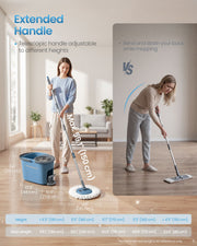 Telescopic handle heights with bucket and 35 cm mop head dimensions on the grey and blue set