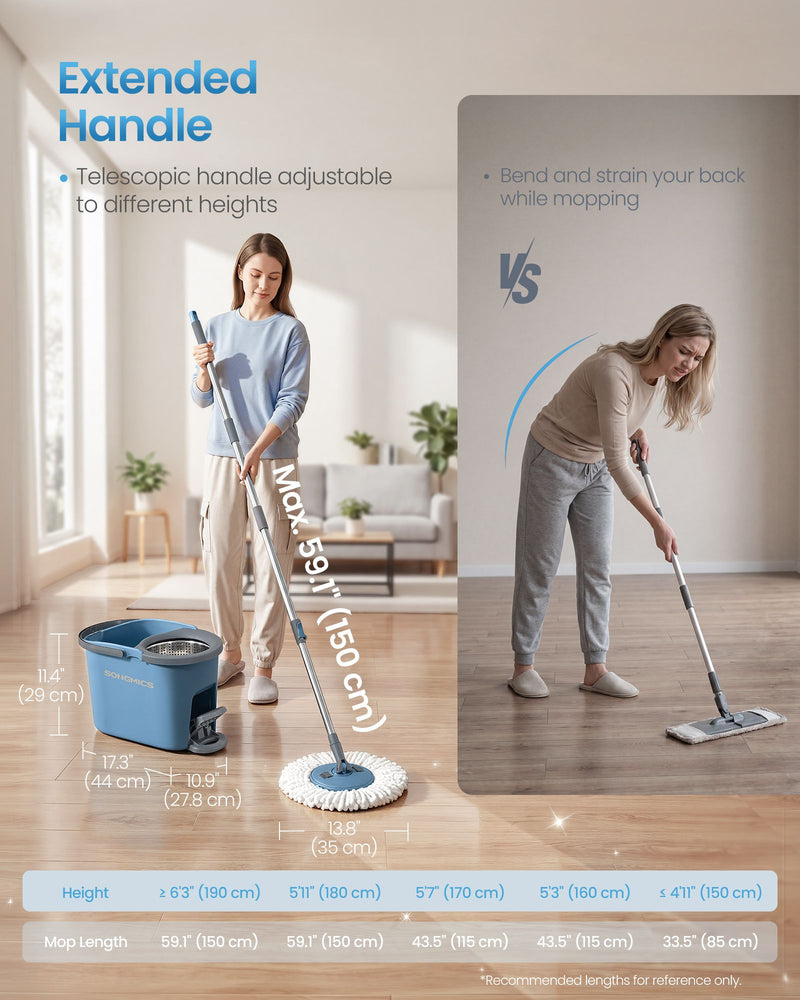 Telescopic handle heights with bucket and 35 cm mop head dimensions on the grey and blue set