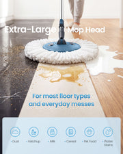 Extra-large mop head on a floor covered in dust, ketchup, milk and cereal
