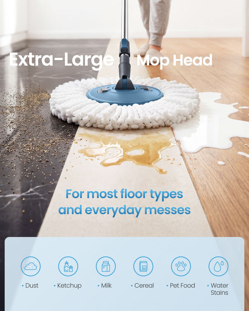 Extra-large mop head on a floor covered in dust, ketchup, milk and cereal