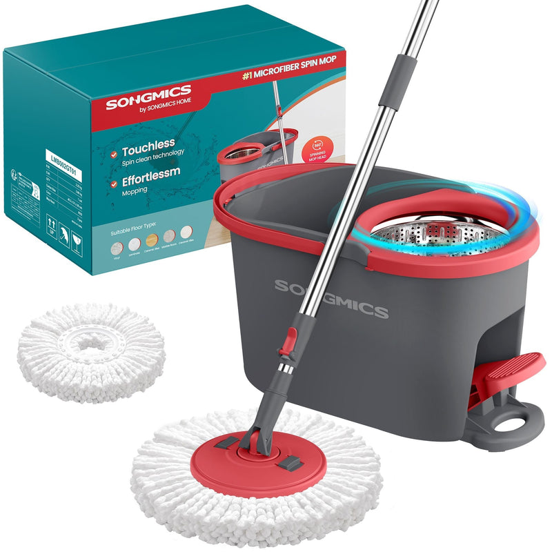 Grey and red Songmics spin mop and pedal bucket with retail box and one spare mop pad