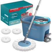 Grey and blue Songmics spin mop and pedal bucket with retail box and three spare mop pads