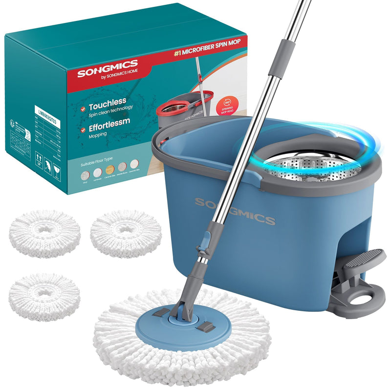 Grey and blue Songmics spin mop and pedal bucket with retail box and three spare mop pads