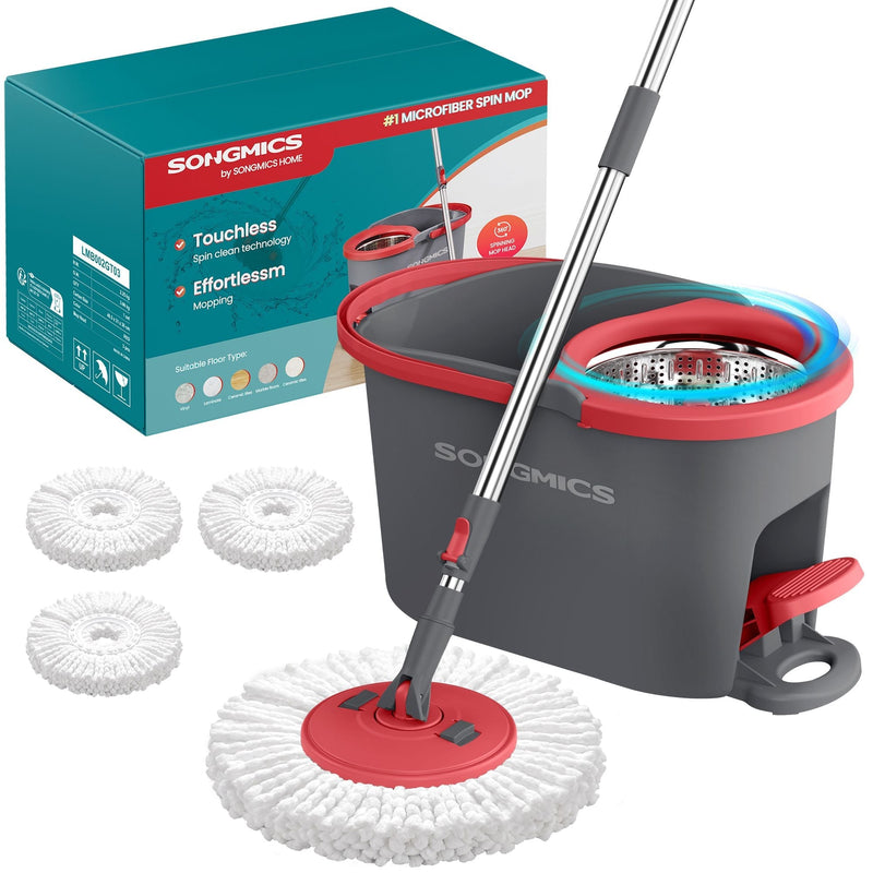 Songmics grey and red spin mop and bucket set with pedal wringer and three microfibre pads