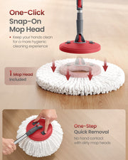 Close-up of the one-click snap-on mop head system for quick, hands-free pad changes