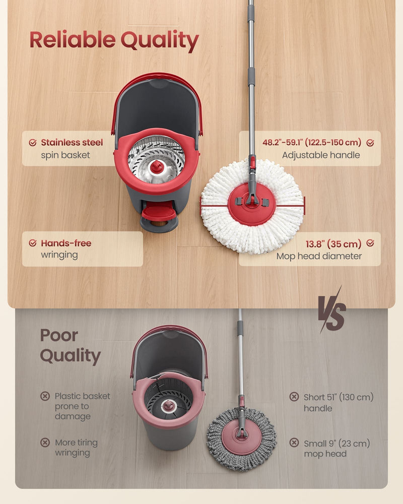 Diagram comparing the stainless steel spin basket and adjustable handle to a lower-quality plastic mop
