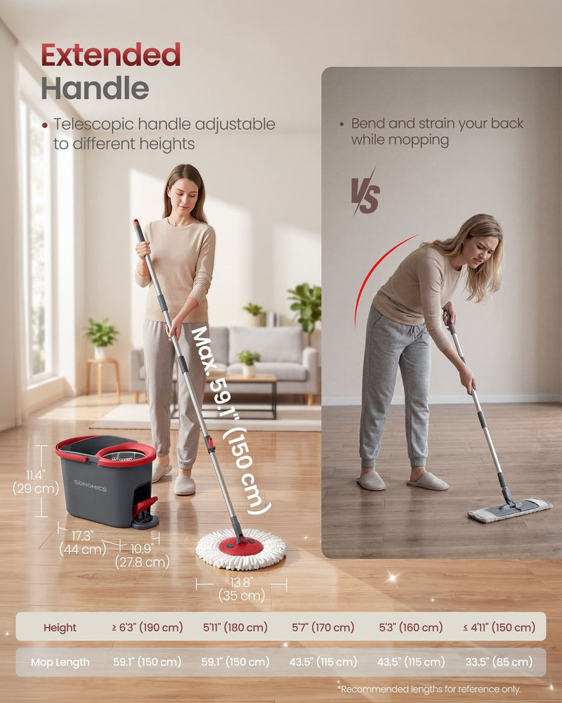 Extended telescopic handle adjusting up to 150 cm shown against a height and mop-length reference chart