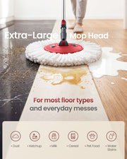 Extra-large mop head cleaning dust, ketchup, milk, cereal, pet food and water stains from a hard floor
