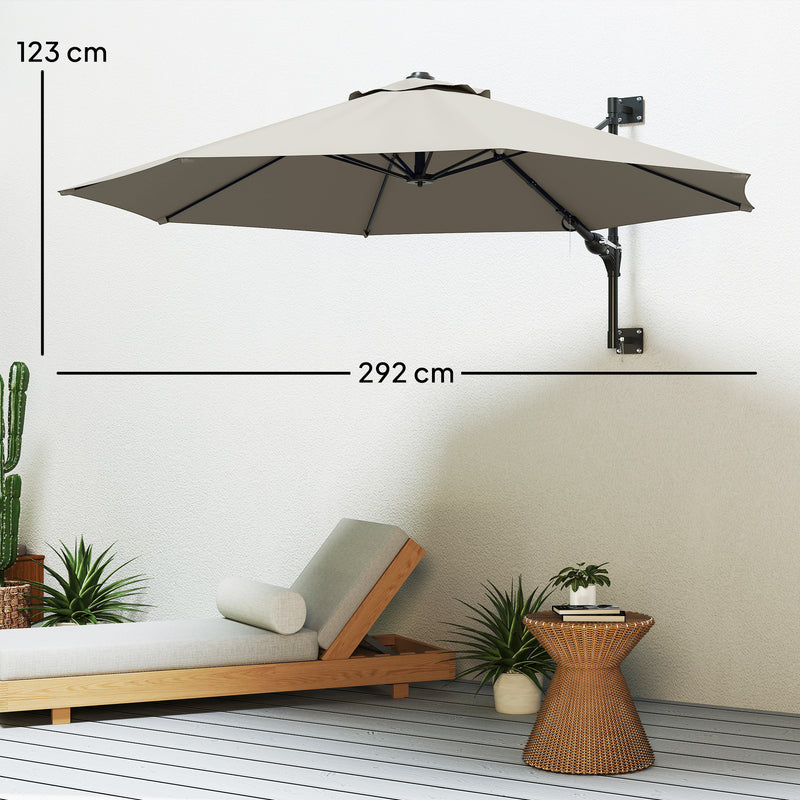 Light Grey 3m Wall Mounted Garden Parasol with Easy Crank Handle for Shade by Outsunny