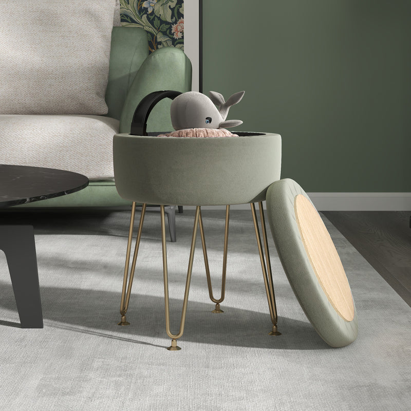 Round Storage Ottoman Footstool with Lid Green Velvet Feel Gold Legs by HOMCOM