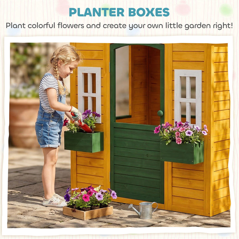 Wooden Garden Playhouse for Children with Spacious Interior and Flower Boxes Brown AOSOM