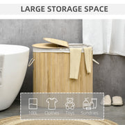 100 Litre Bamboo Laundry Basket with Lid and 2 Sections Removable Lining, Natural
