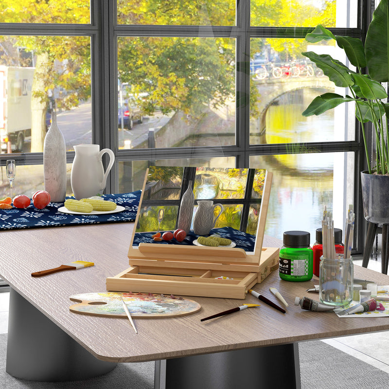 Portable Wooden Artist Easel with Storage Drawer Ideal for Tabletop Painting, Natural