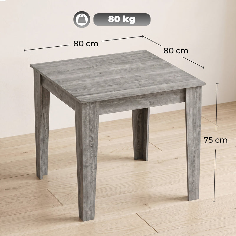 Dimension diagram showing the table's 80 x 80 x 75cm size and 80kg weight capacity