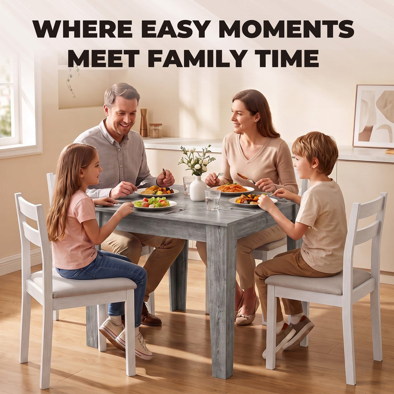 Family of four sharing a meal at the dining table in a bright kitchen