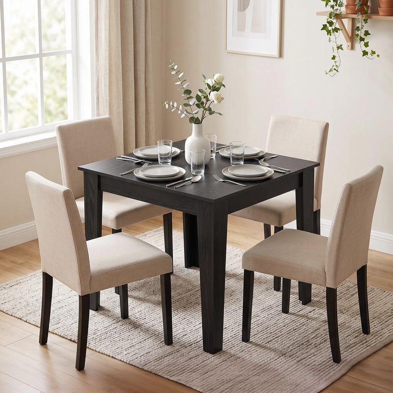 Black Wood Effect dining table set for four with beige upholstered chairs